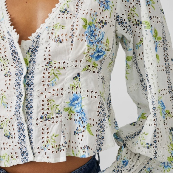 Free People Tops - Free People - Floral Blossom Eyelet Blouse - White and Blue